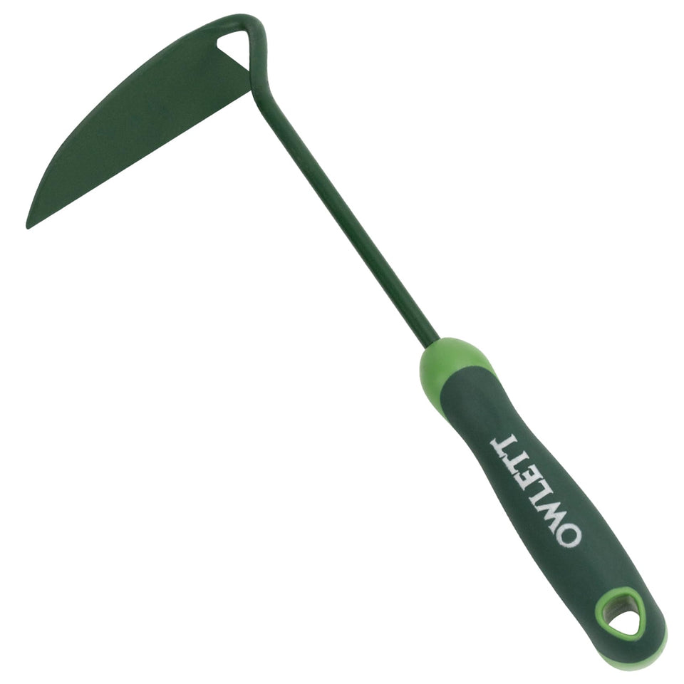 Owlett Japanese weeding sickle offset blade closeup for precise weed removal.