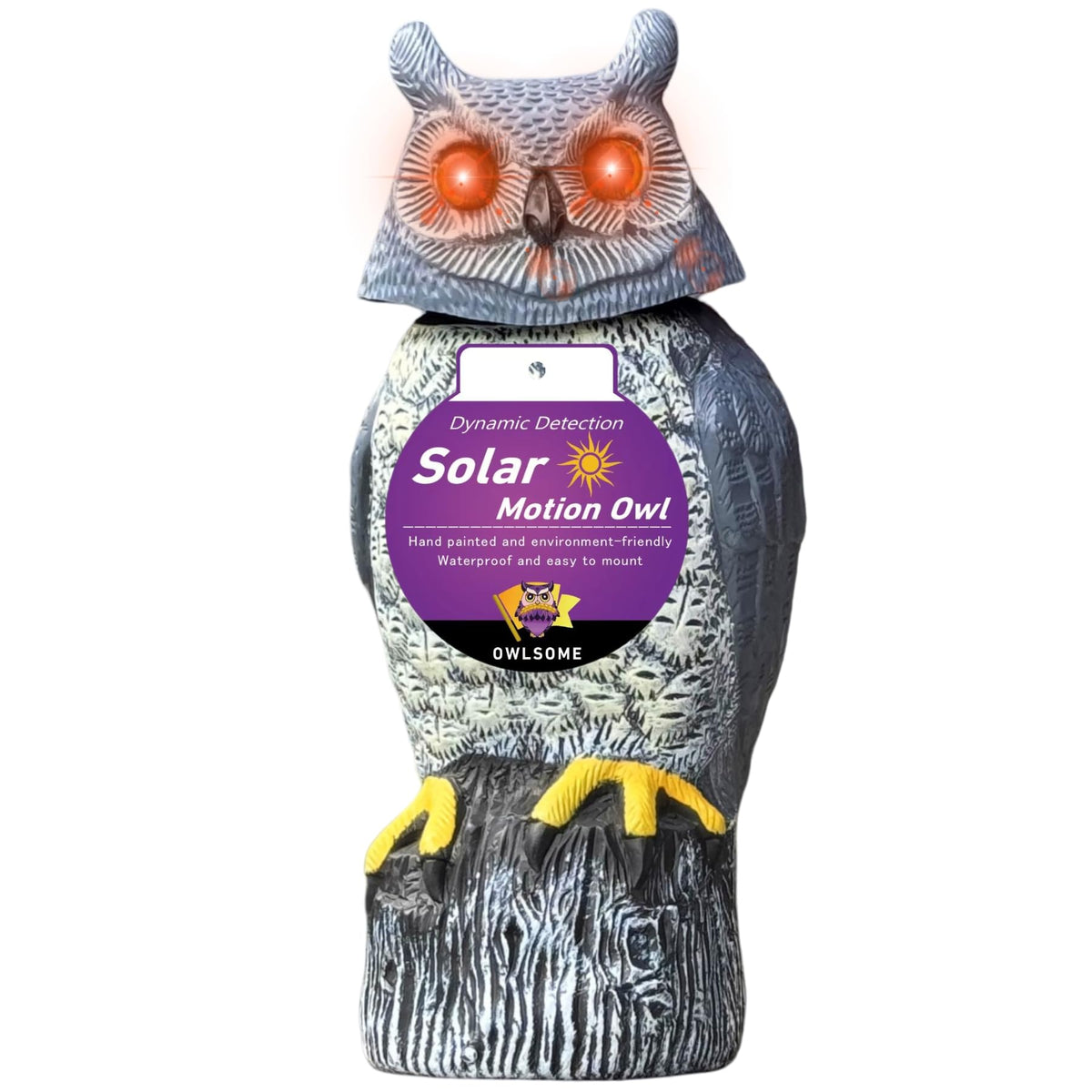 Owlsome solar owl with gradient eyes glowing red to green for evening charm