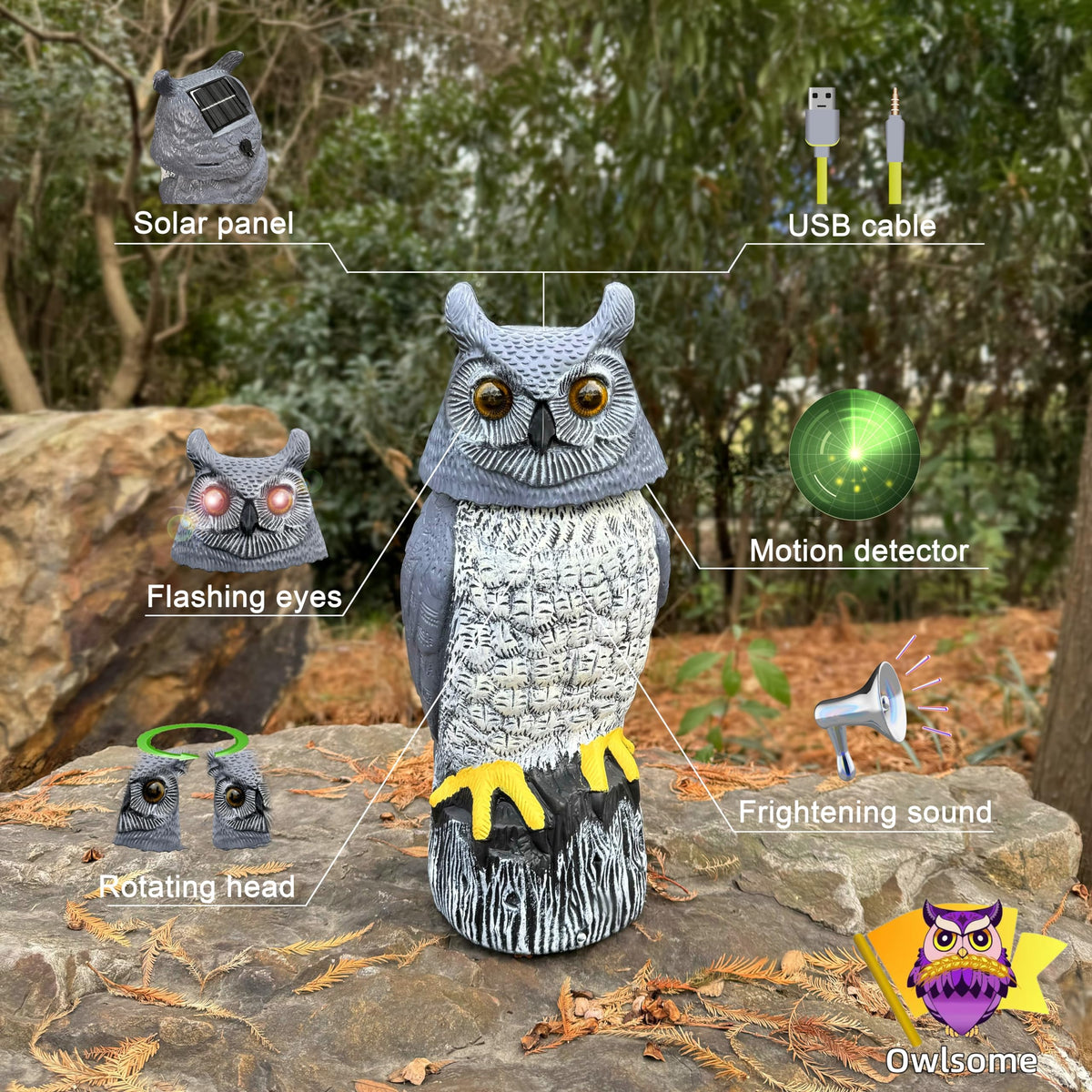 Owlsome solar owl rotating head adds dynamic motion to the garden