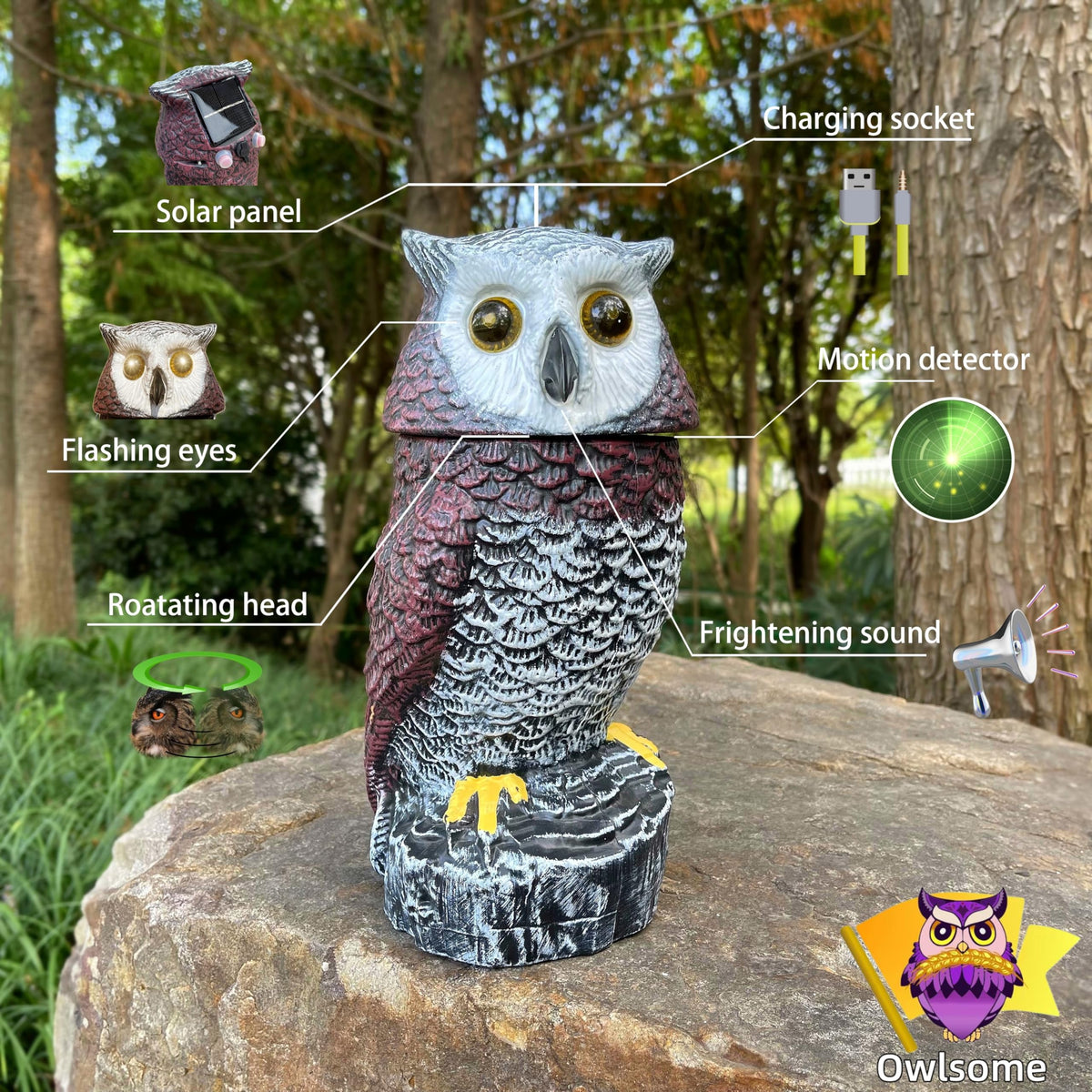 Owlsome solar red owl with flashing eyes adds playful night glow.