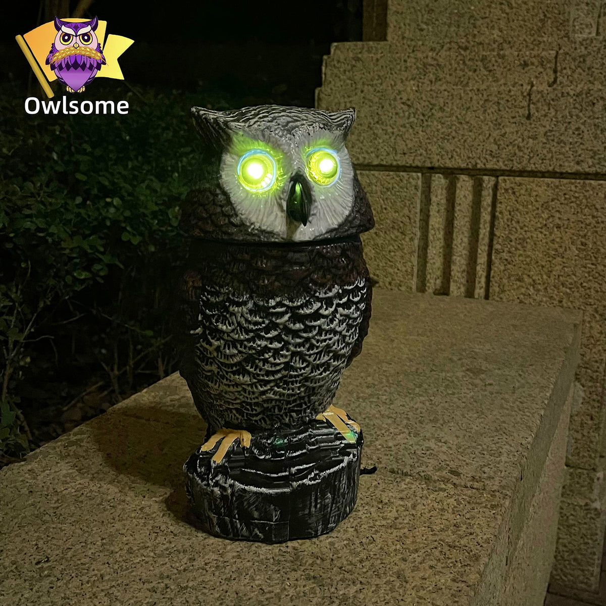 Owlsome solar red owl detects motion and lights up.