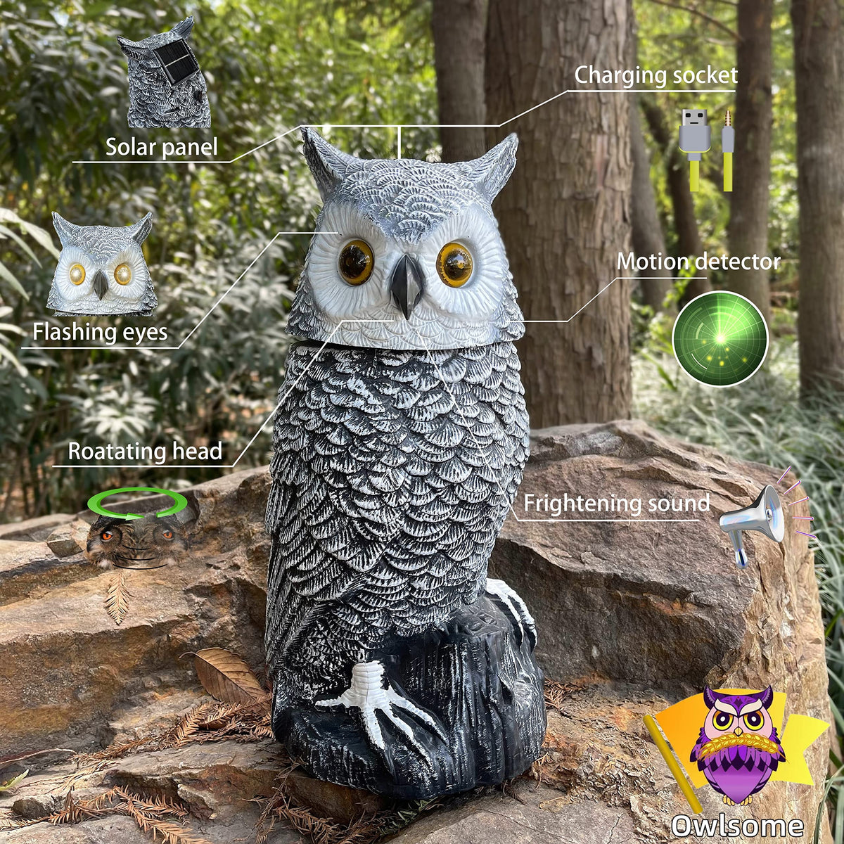 Owlsome solar snowy owl with rotating head adds dynamic garden charm