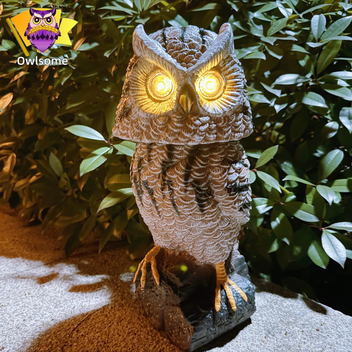 Owlsome Solar Tiger Owl eyes flash to add a playful garden focal point