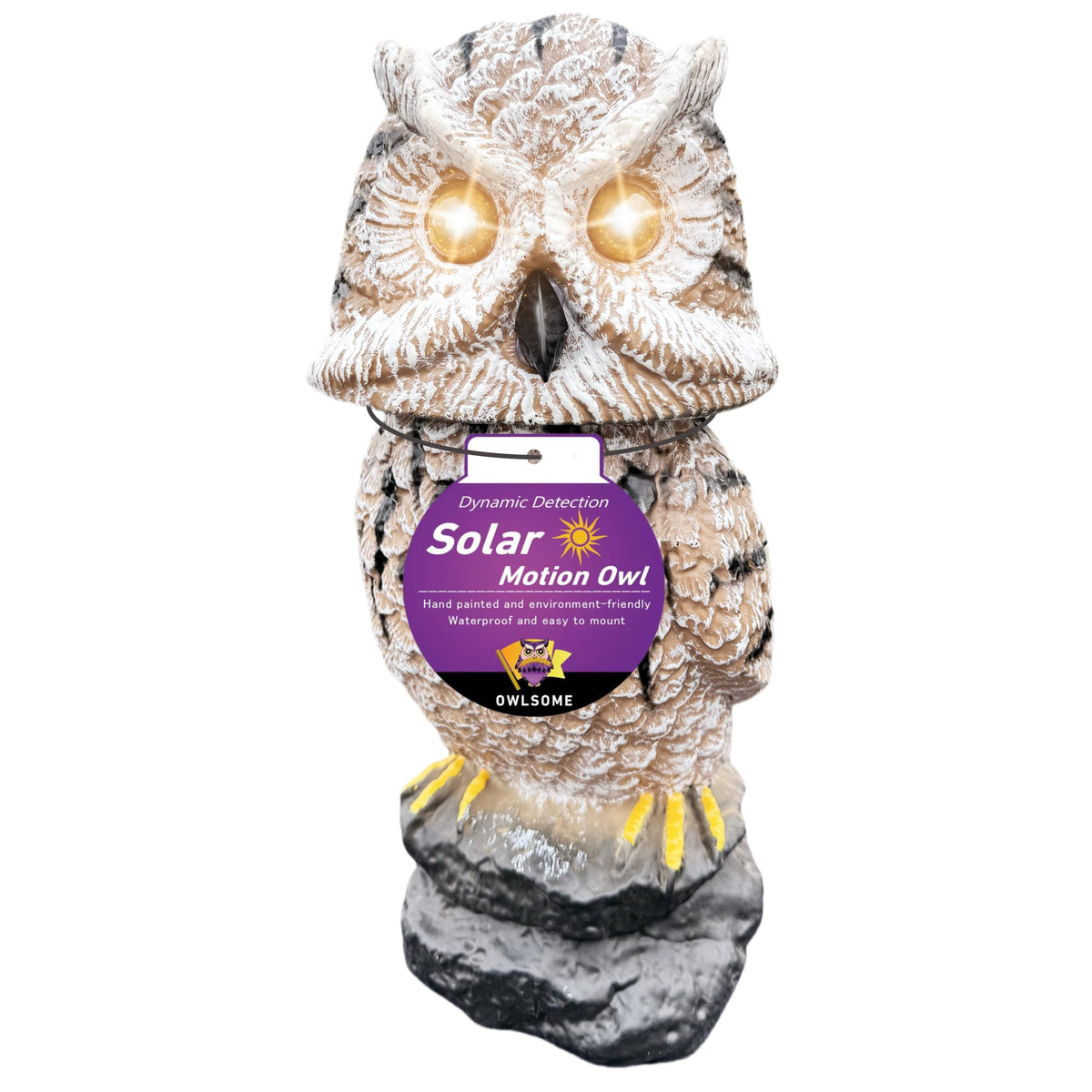 Owlsome Solar Tiger Owl with flashing eyes deters pests in outdoor spaces.