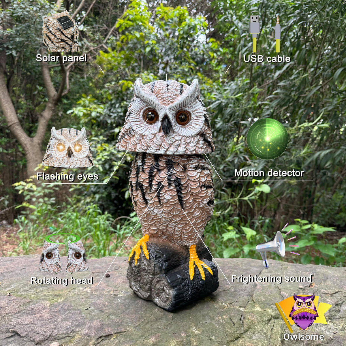 Owlsome Solar Tiger Owl head rotates to track movement in the yard