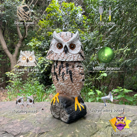 Owlsome Solar Tiger Owl head rotates to track movement in the yard