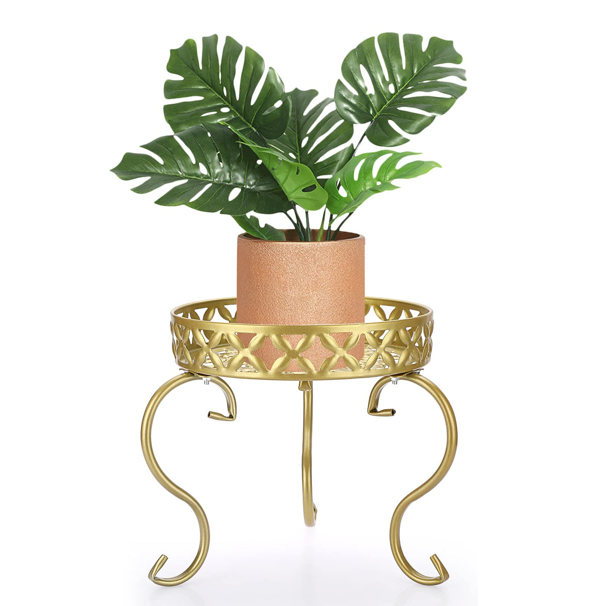 OwnMy metal round plant stand, side view, with sturdy three-bracket support for stable display.