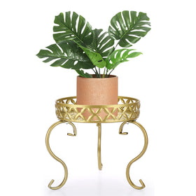 OwnMy metal round plant stand, side view, with sturdy three-bracket support for stable display.