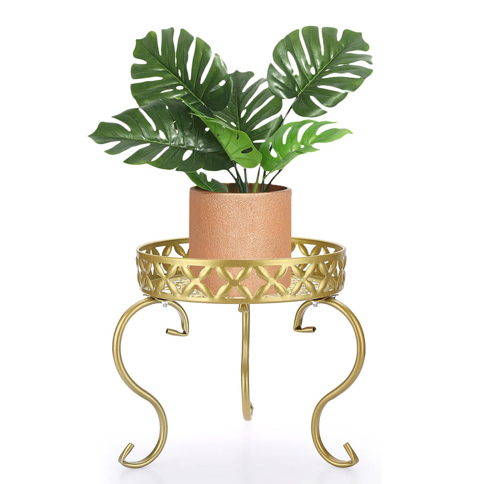 OwnMy metal round plant stand, side view, with sturdy three-bracket support for stable display.