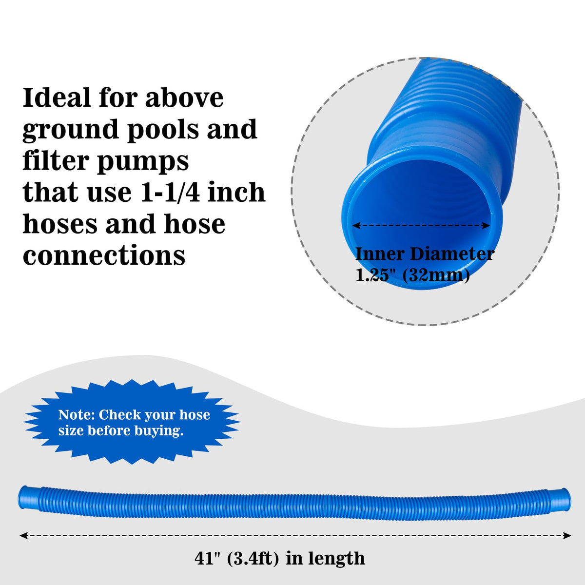 Ownwhim hose compatible with Intex 603-607-635-637 pumps for reliable filtration.