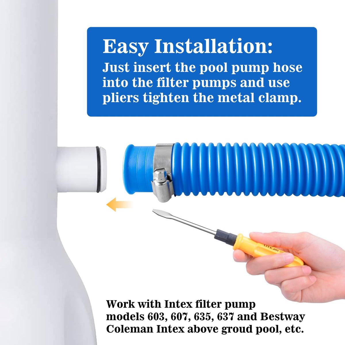 Ownwhim pump hose designed to fit Intex models for flexible setups.
