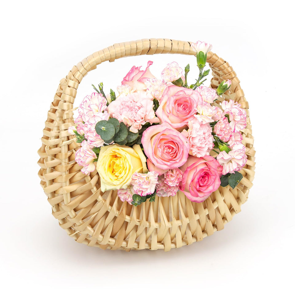 OXDFK rattan half moon basket with handle, ideal for wedding decor.