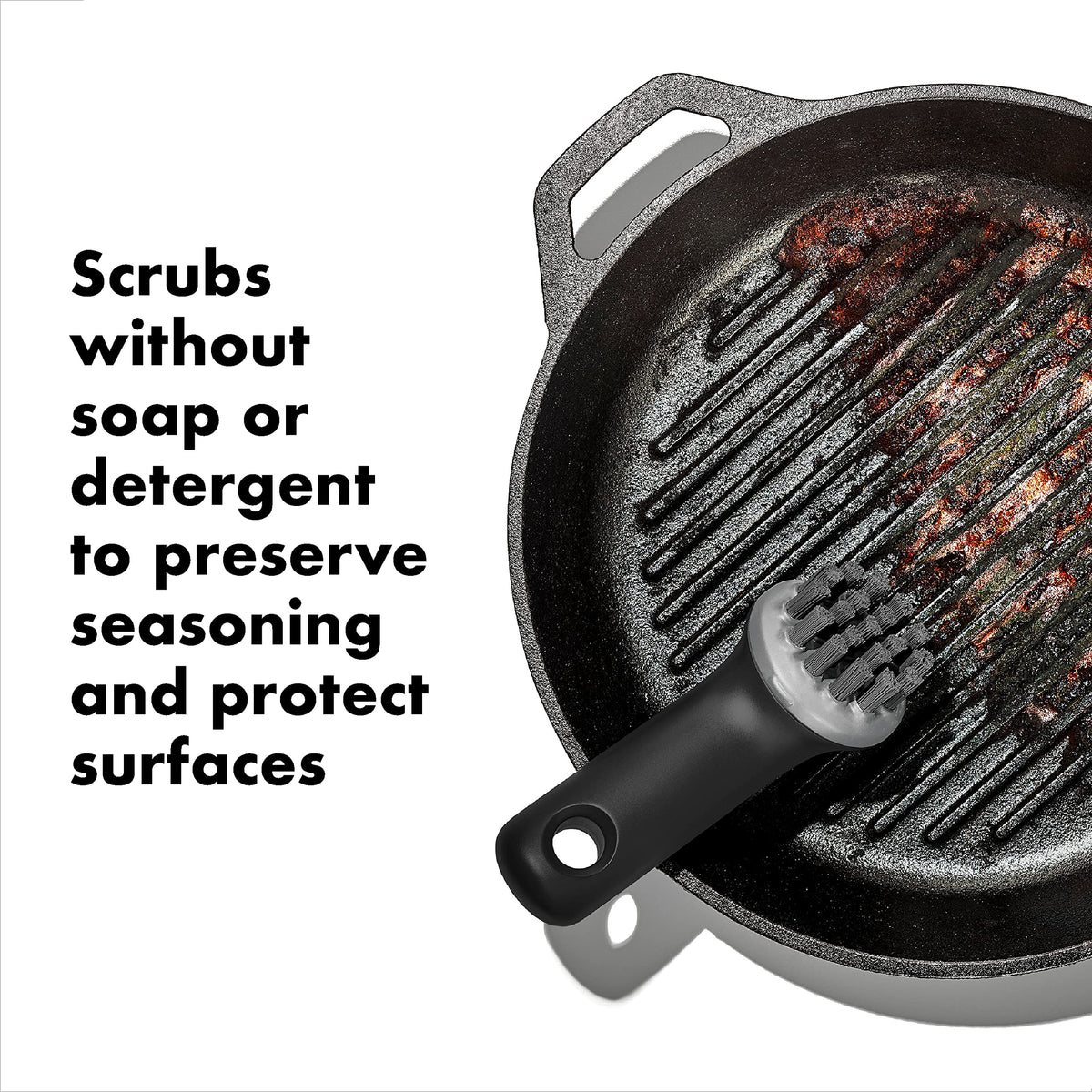 OXO Good Grips Cast Iron Brush is dishwasher safe for easy cleanup.