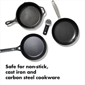 OXO Good Grips Cast Iron Brush with scraper clears grease and stubborn messes.