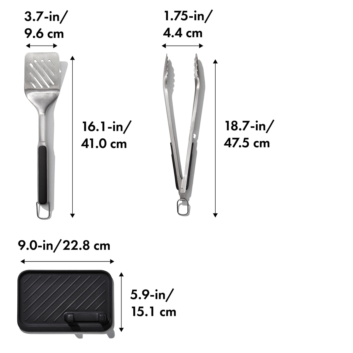 OXO Outdoor 3-Piece Grilling Tool Set, non-slip grips for comfort.