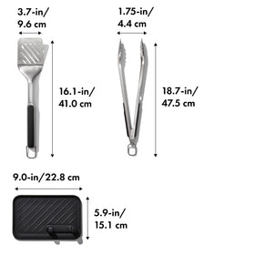 OXO Outdoor 3-Piece Grilling Tool Set, non-slip grips for comfort.