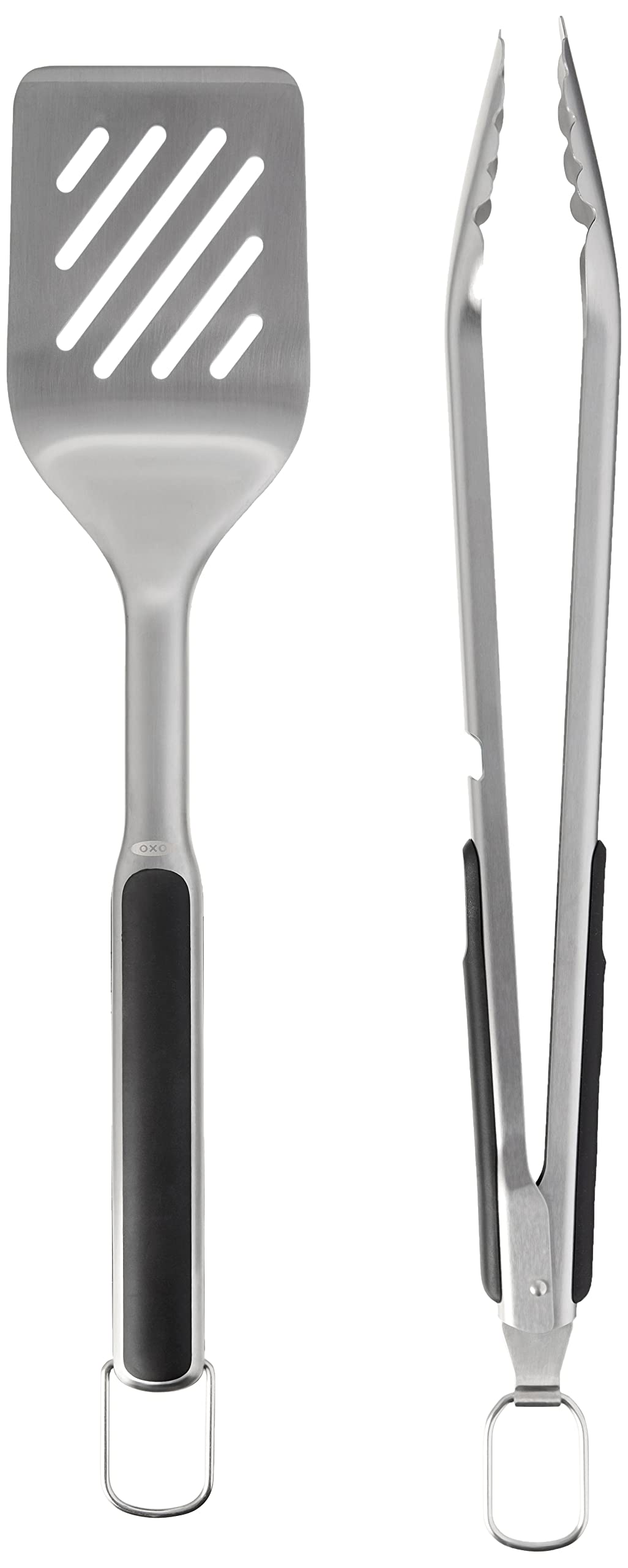 OXO Outdoor 3-Piece Grilling Tool Set, tongs scalloped edges improve grip.