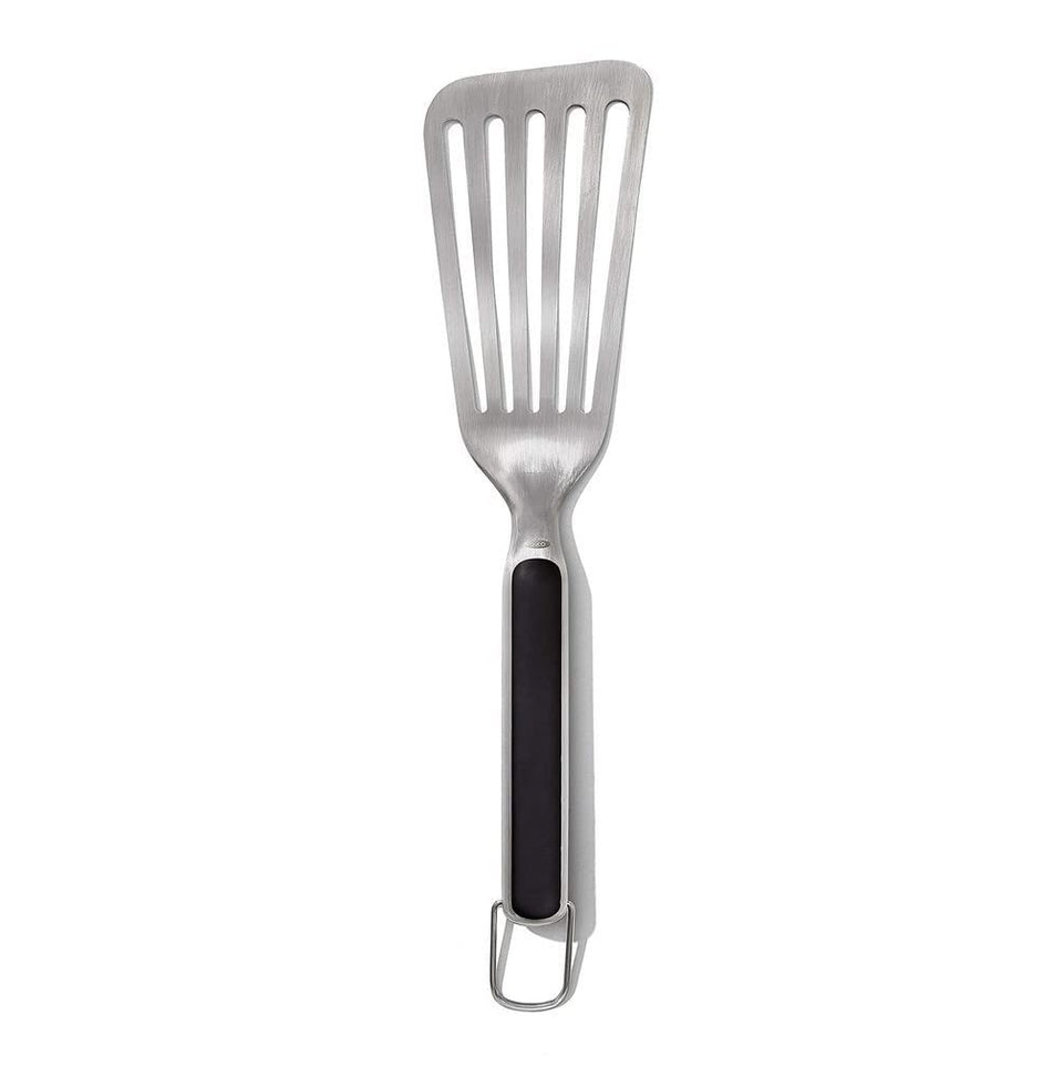 OXO Outdoor Precision Turner head slides under burgers for easy flip