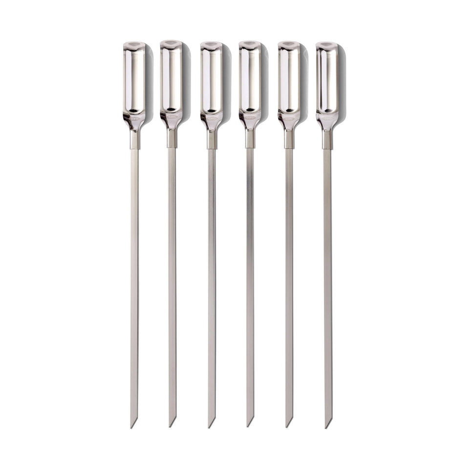 OXO Outdoor Grilling Skewers 6-piece set with flat design for stable flipping