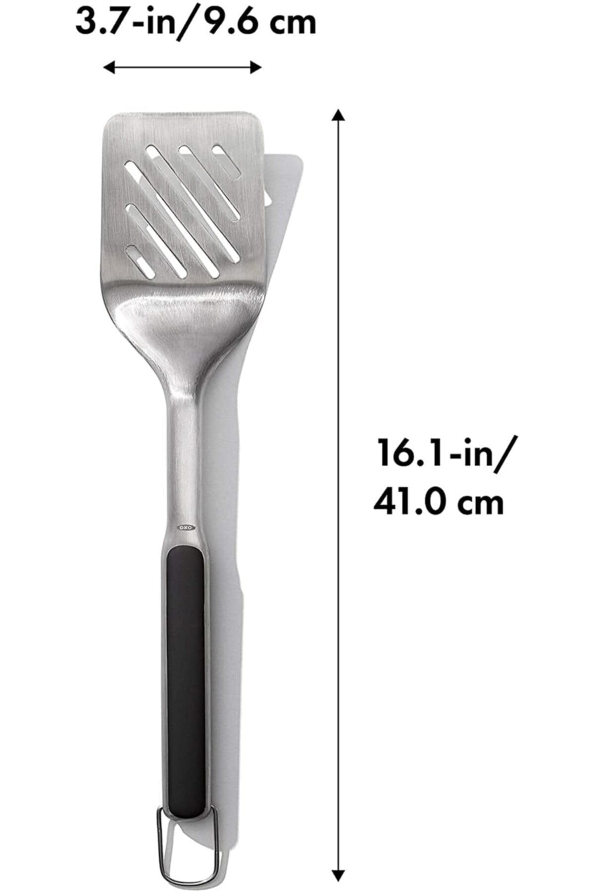 OXO Outdoor Grilling Turner built from durable stainless steel for heat resistance.