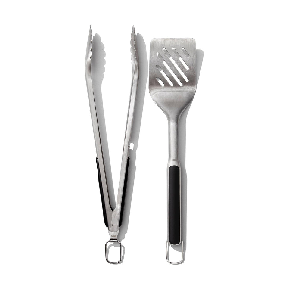 OXO outdoor grilling turner with double-bend leverage for easy flipping