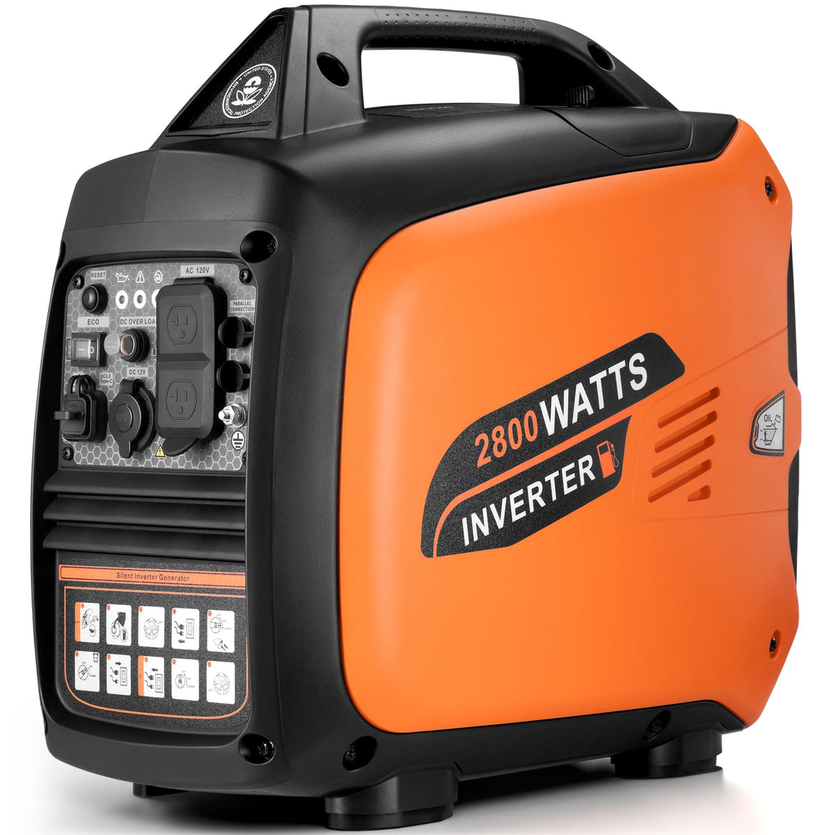 Oxseryn 2800W inverter generator front view with portable handle for easy transport.
