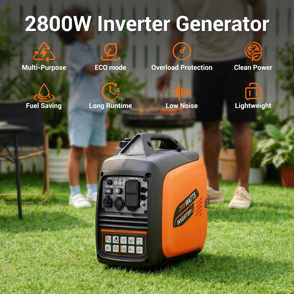 Oxseryn 2800W inverter generator fuel indicator and 1.1-gallon tank for extended campground use.