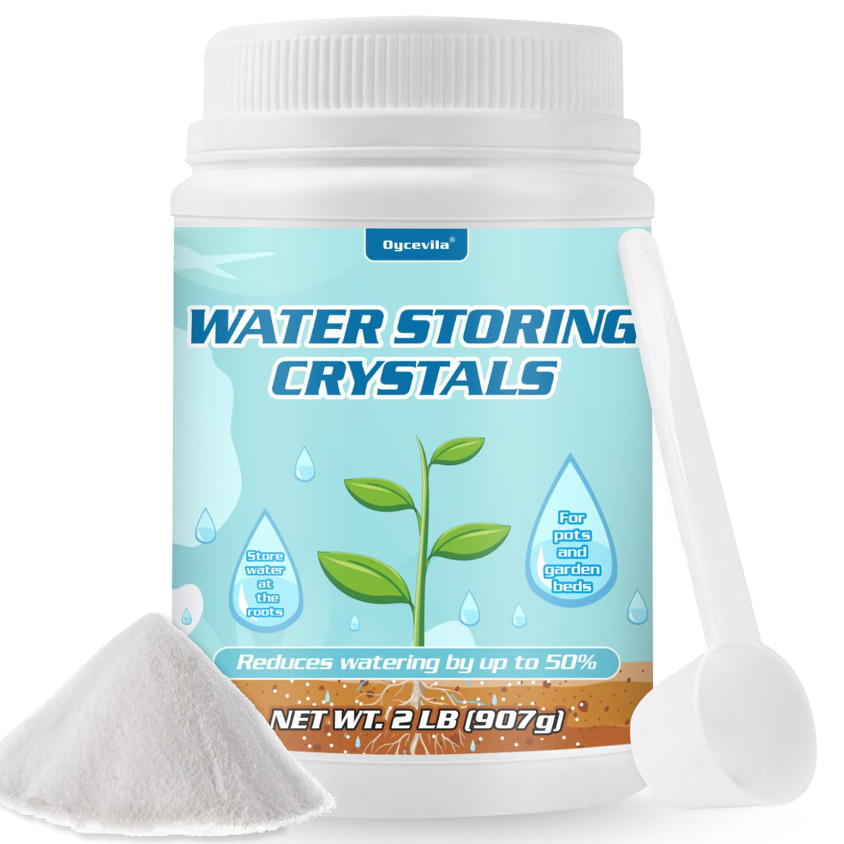 Oycevila 2lb water crystals bottle providing slow-release hydration for potted plants.