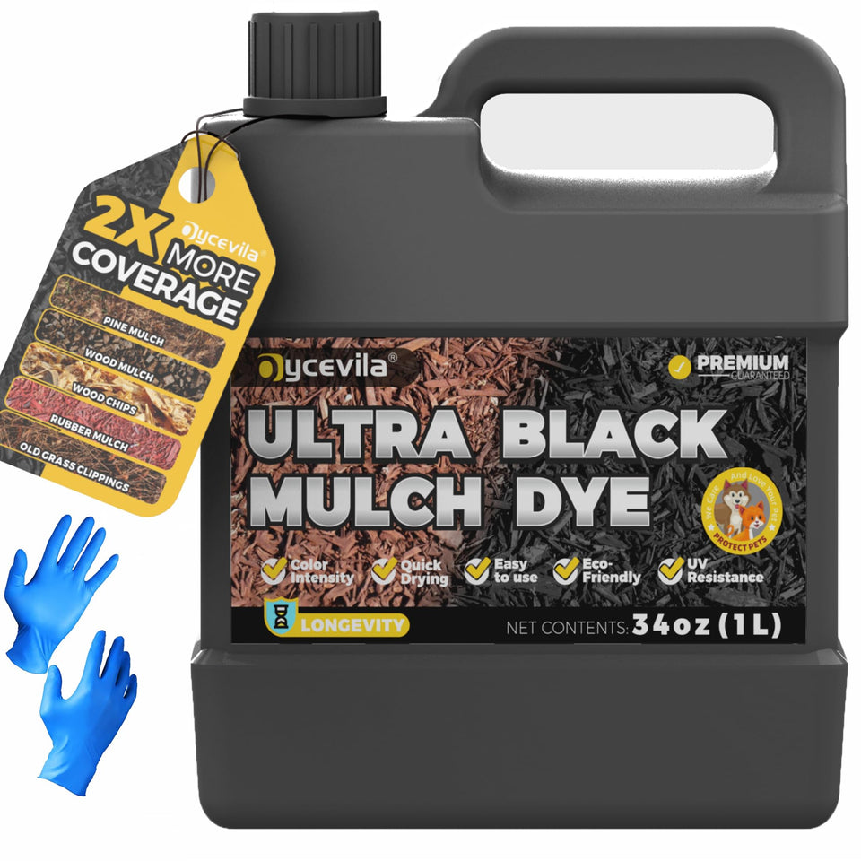 Oycevila mulch dye bottle close-up applying rich black color for vibrant garden beds.