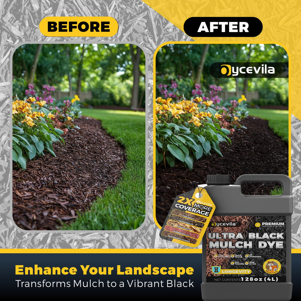 Oycevila spray application demonstrates even coverage on bark mulch.