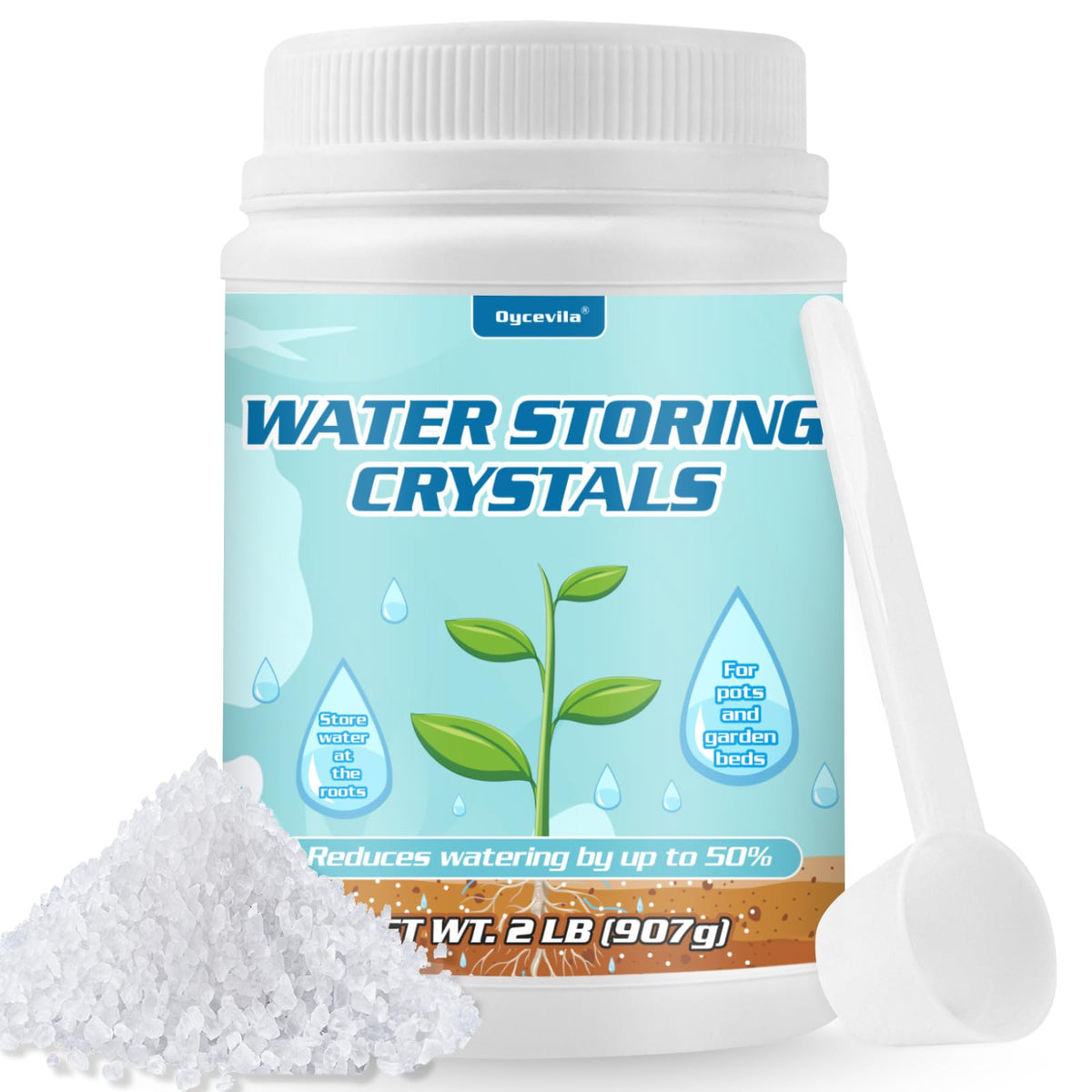 Oycevila water storing crystals in bottle close-up for extended plant hydration.