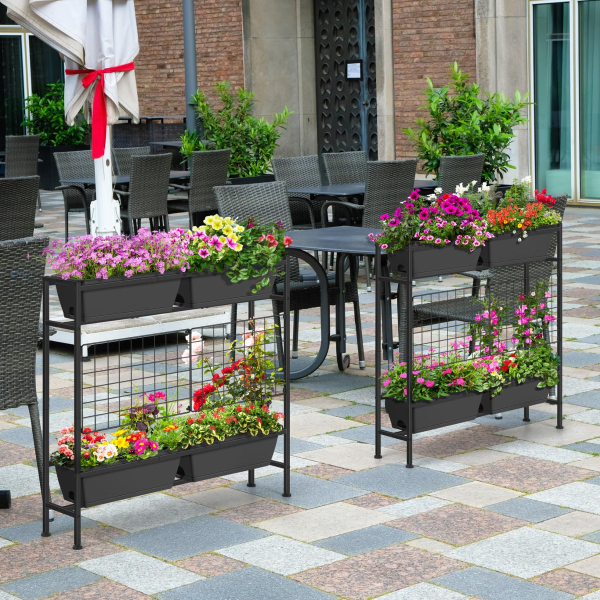 OYEAL four-planter layout maximizes space for herbs and lively flowers.