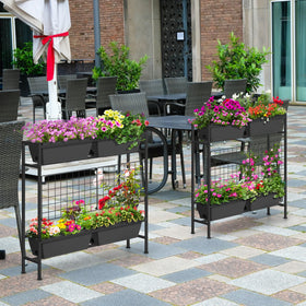 OYEAL four-planter layout maximizes space for herbs and lively flowers.