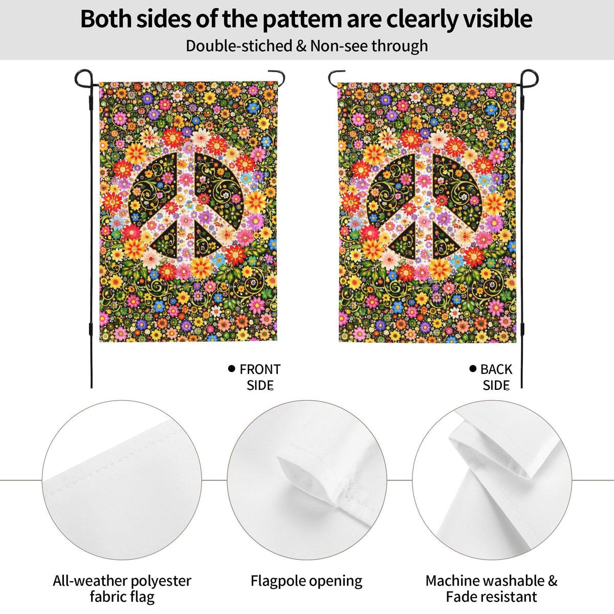 Oyebn Flowers of Peace flag, back view showing double-sided clarity for outdoor visibility