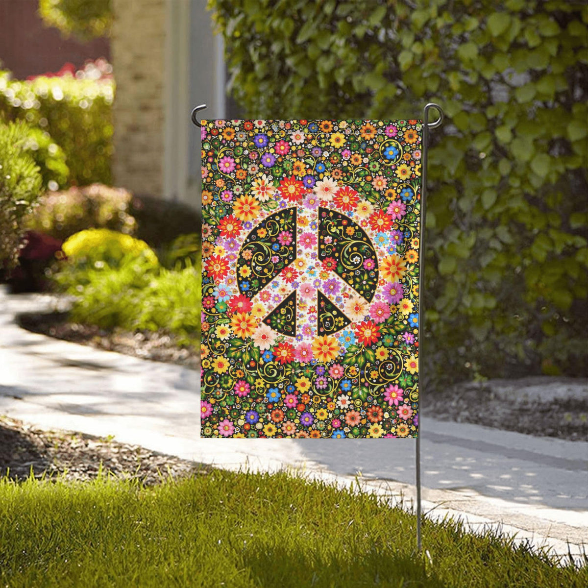 Oyebn Flowers of Peace flag closeup with vibrant colors enhancing garden charm