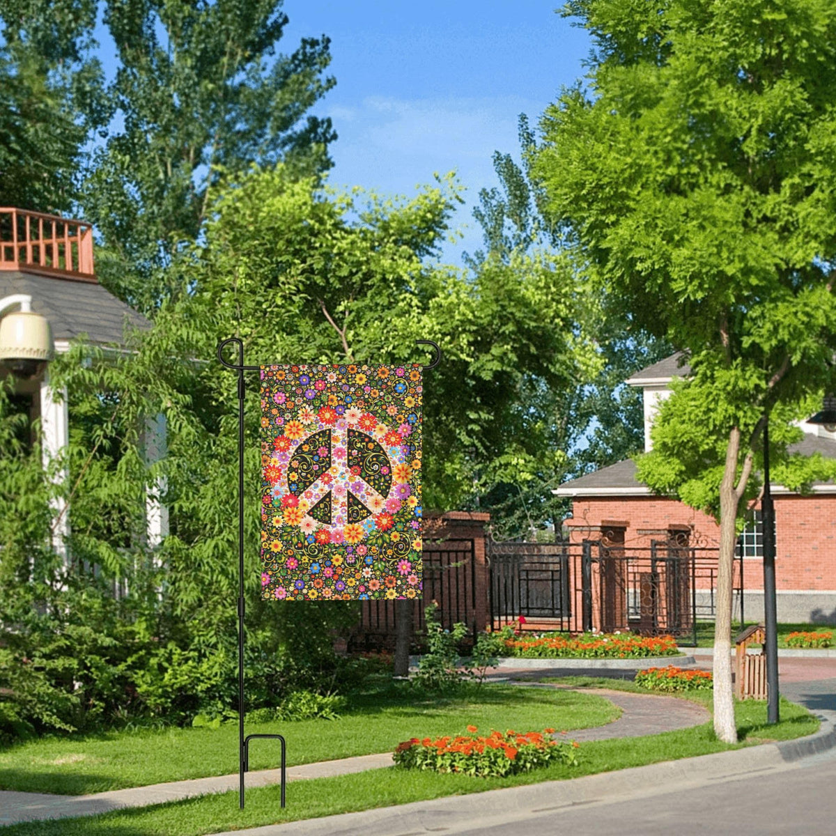 Oyebn Flowers of Peace flag in yard setup, versatile outdoor decor