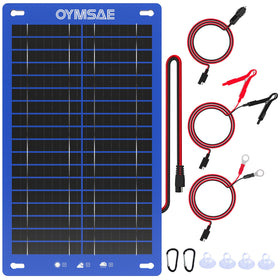 OYMSAE 12W solar charger front view keeps car batteries topped up in sunlight