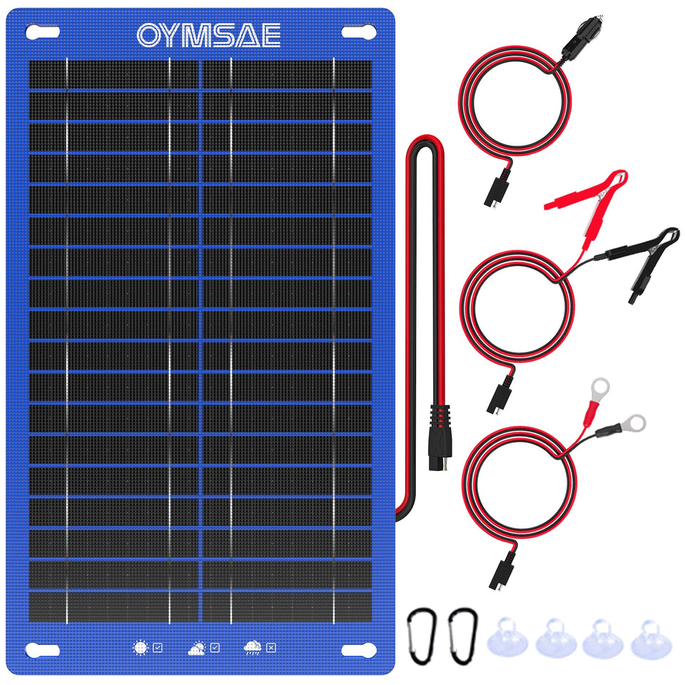 OYMSAE 12W solar charger front view keeps car batteries topped up in sunlight