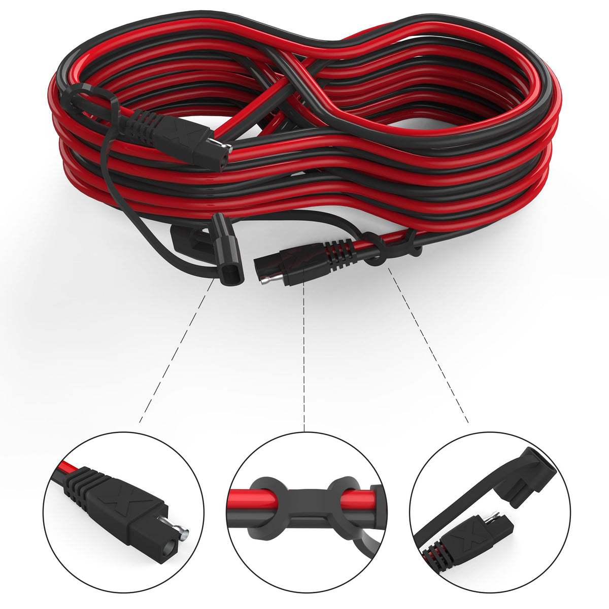 OYMSAE SAE extension cable in use with solar panel and battery setup.