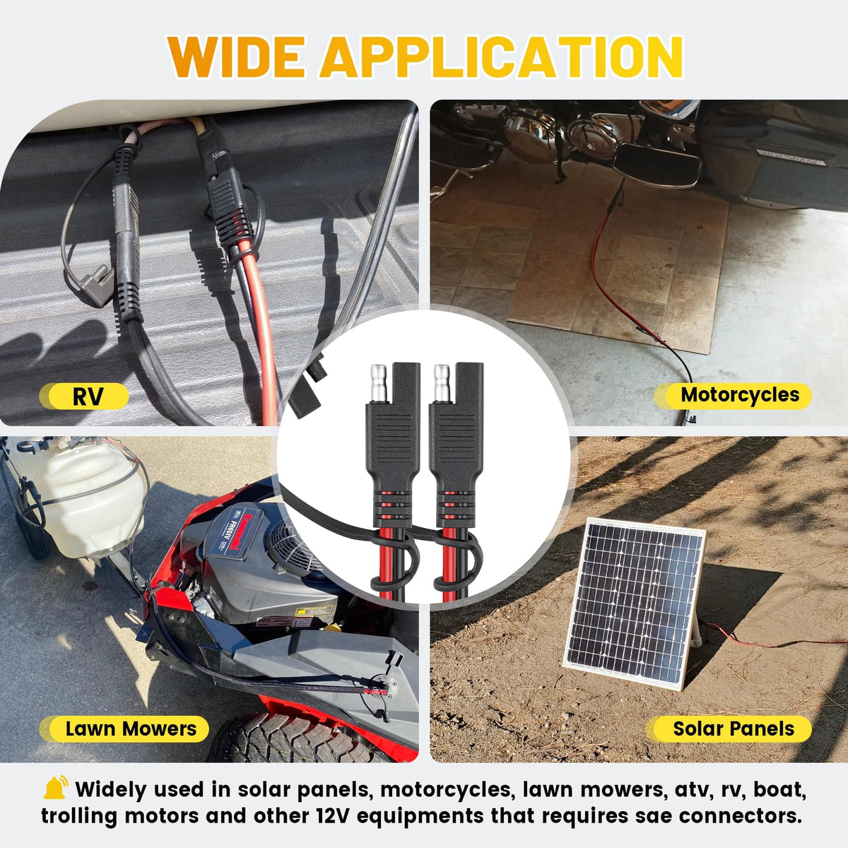 Oyviny plug-and-play SAE connector setup for solar panels and 12V devices.