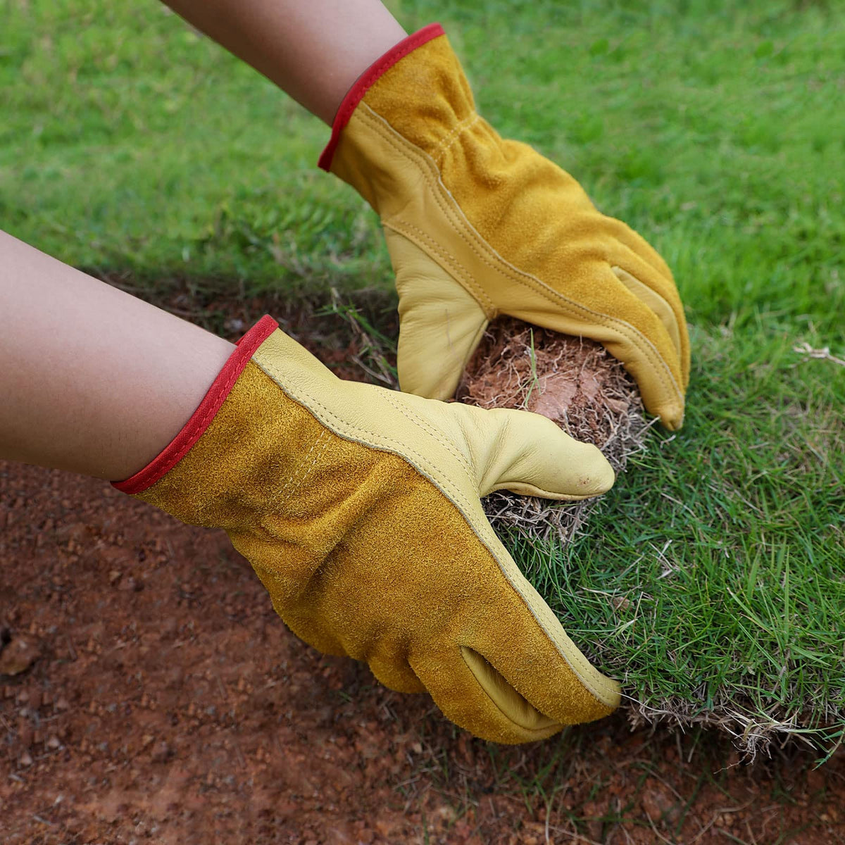OZERO Leather Work Gloves in use gardening with firm grip on tools.