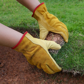 OZERO Leather Work Gloves in use gardening with firm grip on tools.