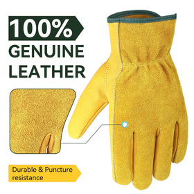 OZERO gold leather gloves shown for stylish, visible wear during outdoor chores.