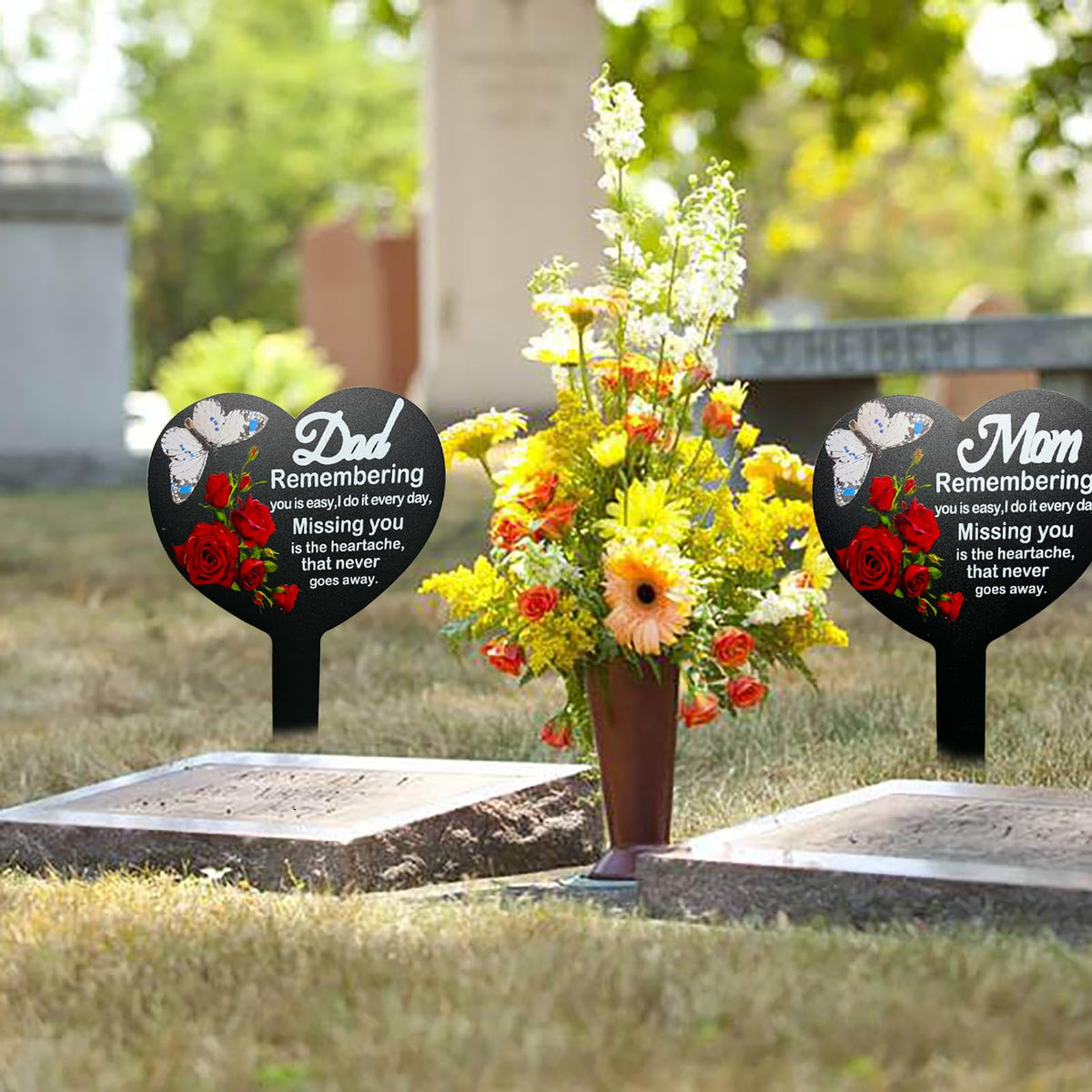 OZIO cemetery garden memorial marker placed beside a gravestone with graceful design.
