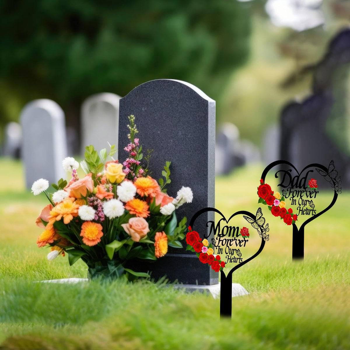 OZIO memorial plaque with colorful flowers, durable garden memorial.