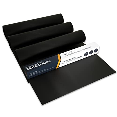 Linda's Essentials extra-large grill mats laid on a hot grill for mess-free cooking