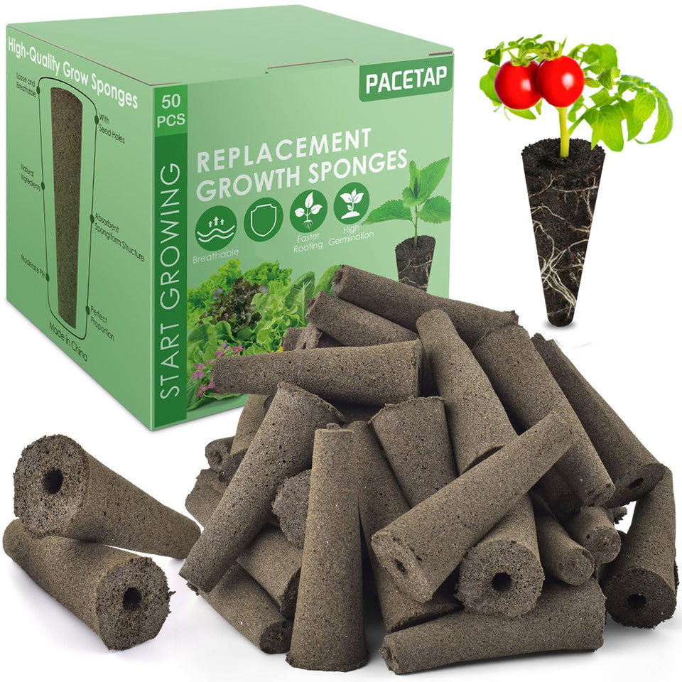 PACETAP grow sponges showing AeroGarden compatibility for seedling growth