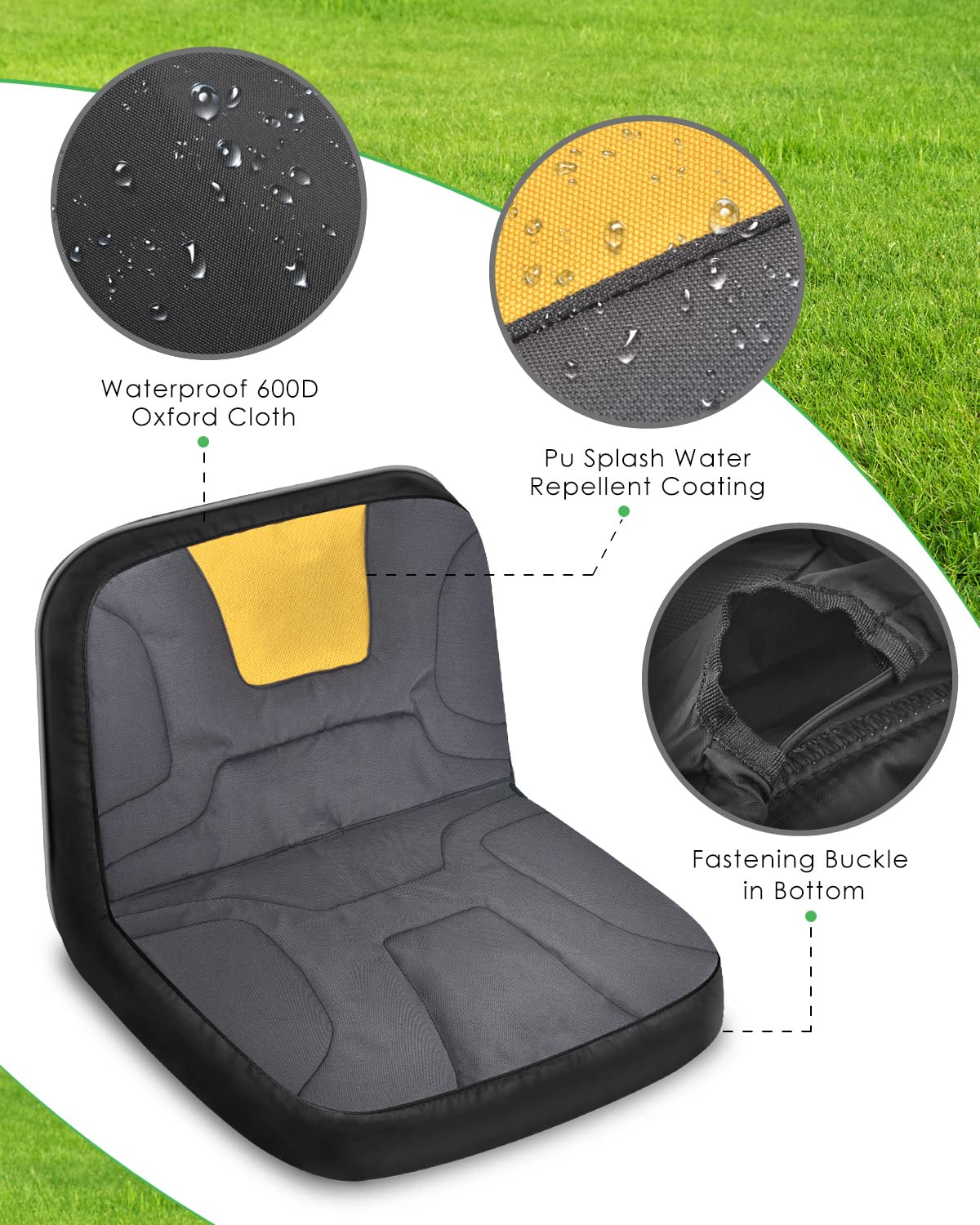 PACETAP anti-slip surface on seat cover enhances safety while mowing.