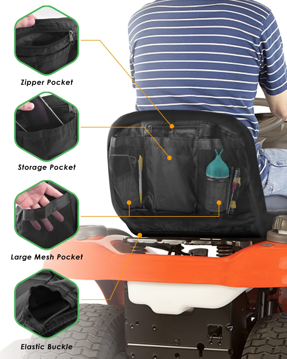Back pocket design holds gloves, tools, and water for quick access