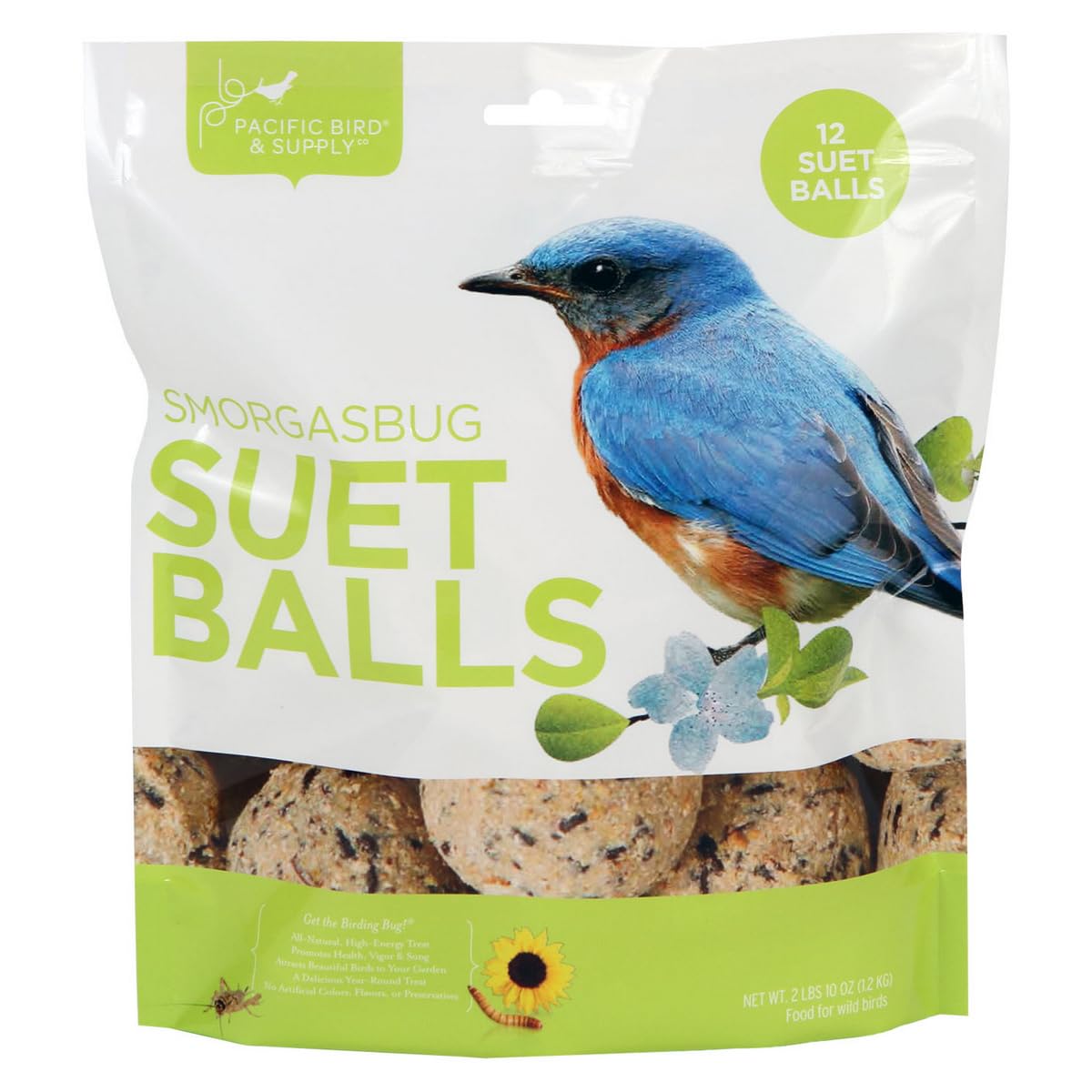 Pacific Bird Smorgasbug Suet Balls 12-pack in packaging showcases convenient, no-melt bird food.